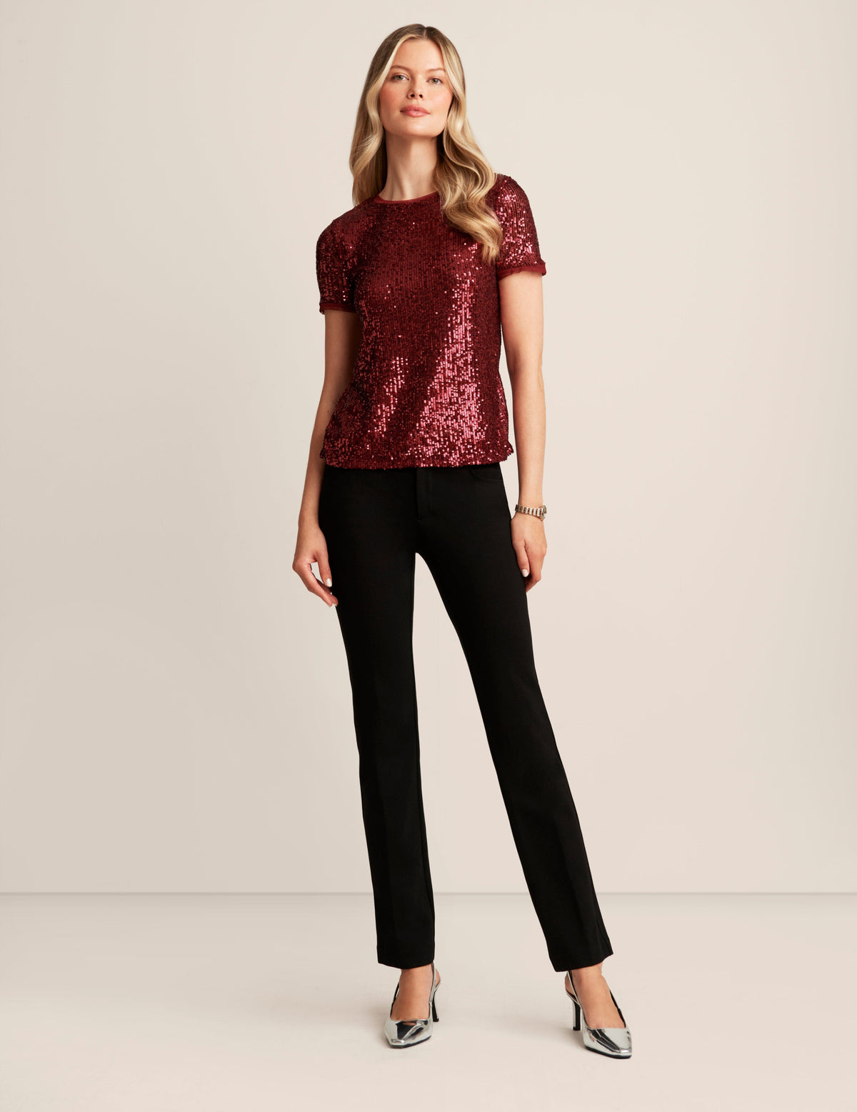 Anne Klein  Sequin Mesh Short Sleeve Tee