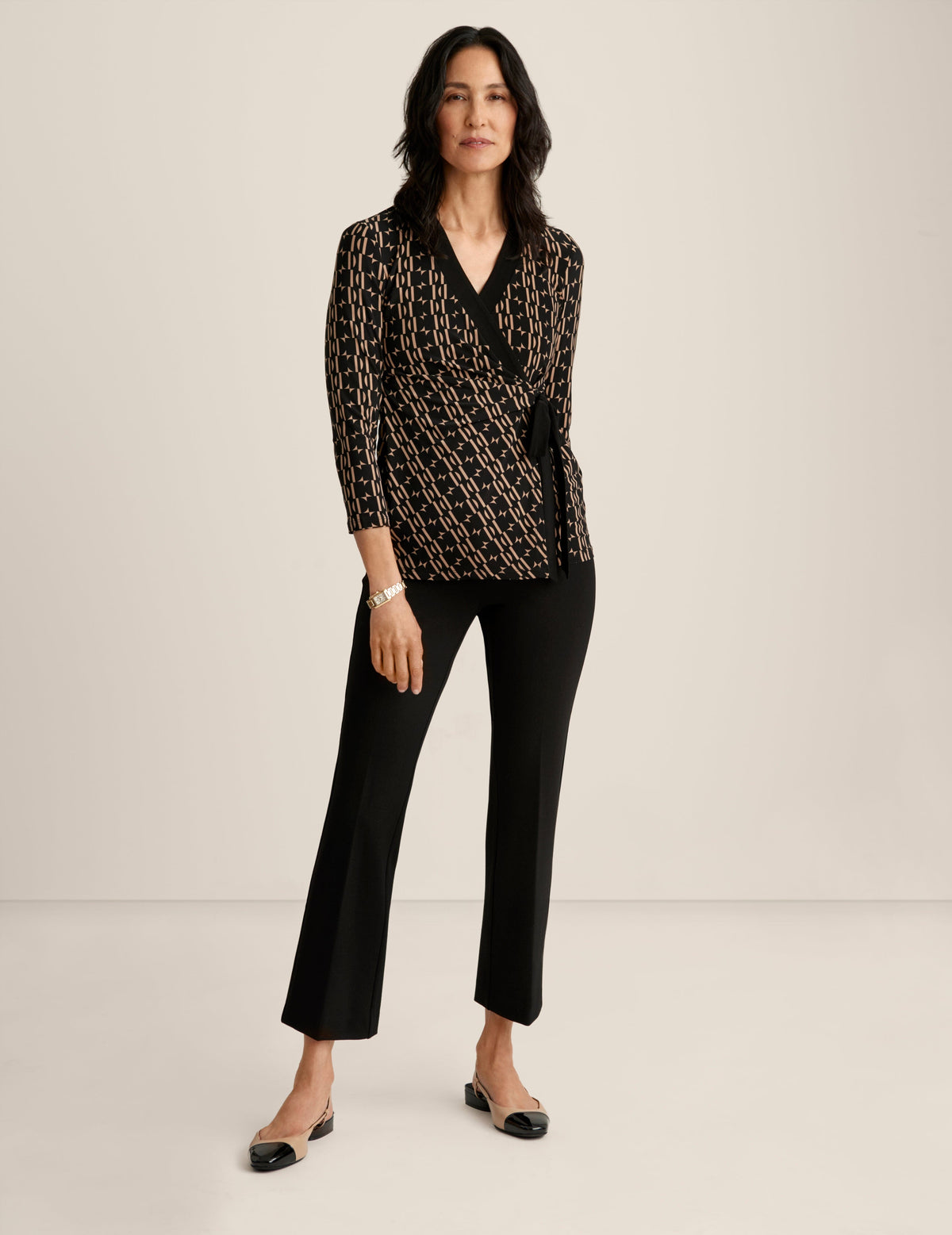 Anne Klein Anne Blk/Lt Coffee Printed Ity Wrap Top