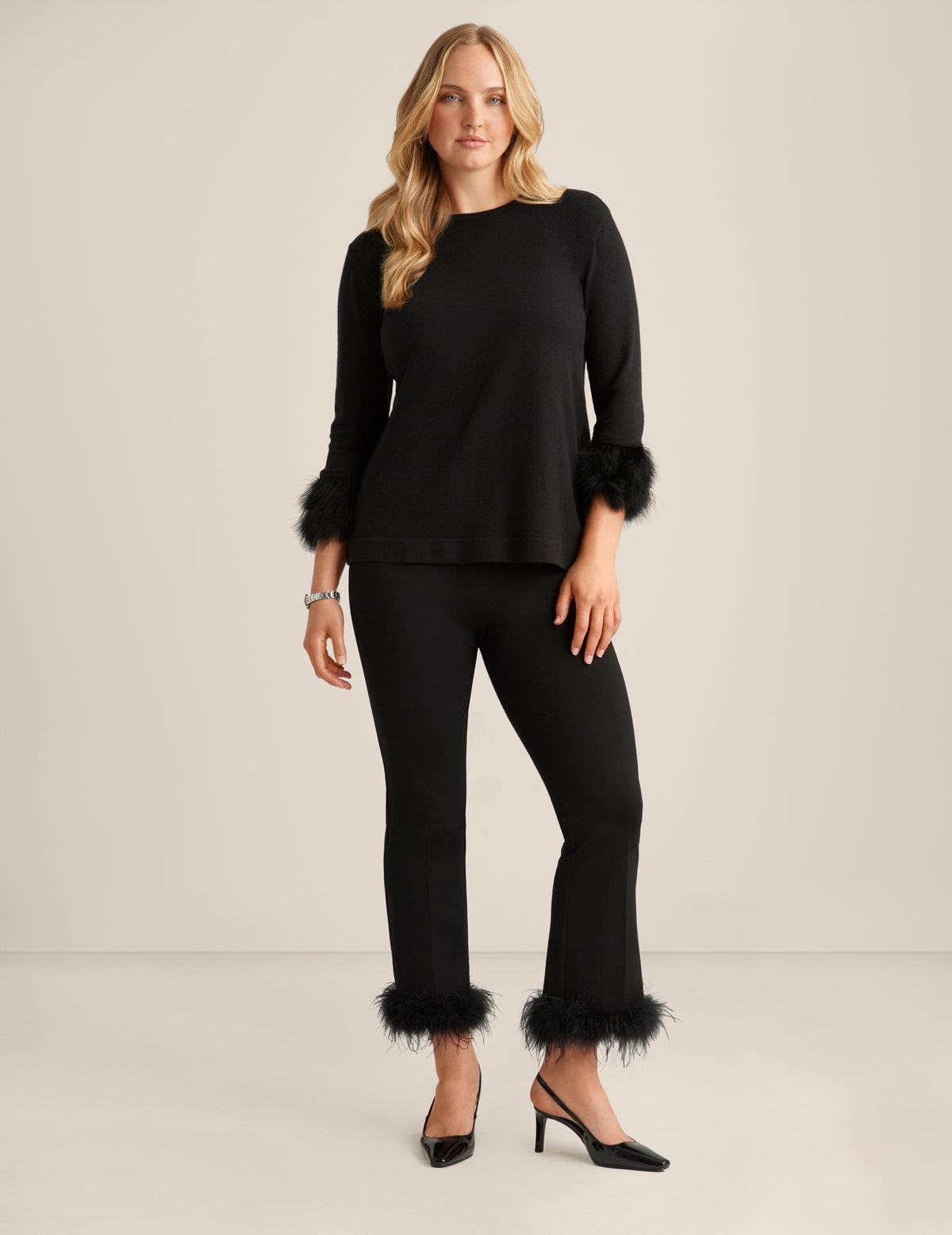 Anne Klein Anne Black Crew Neck With Feather Trim