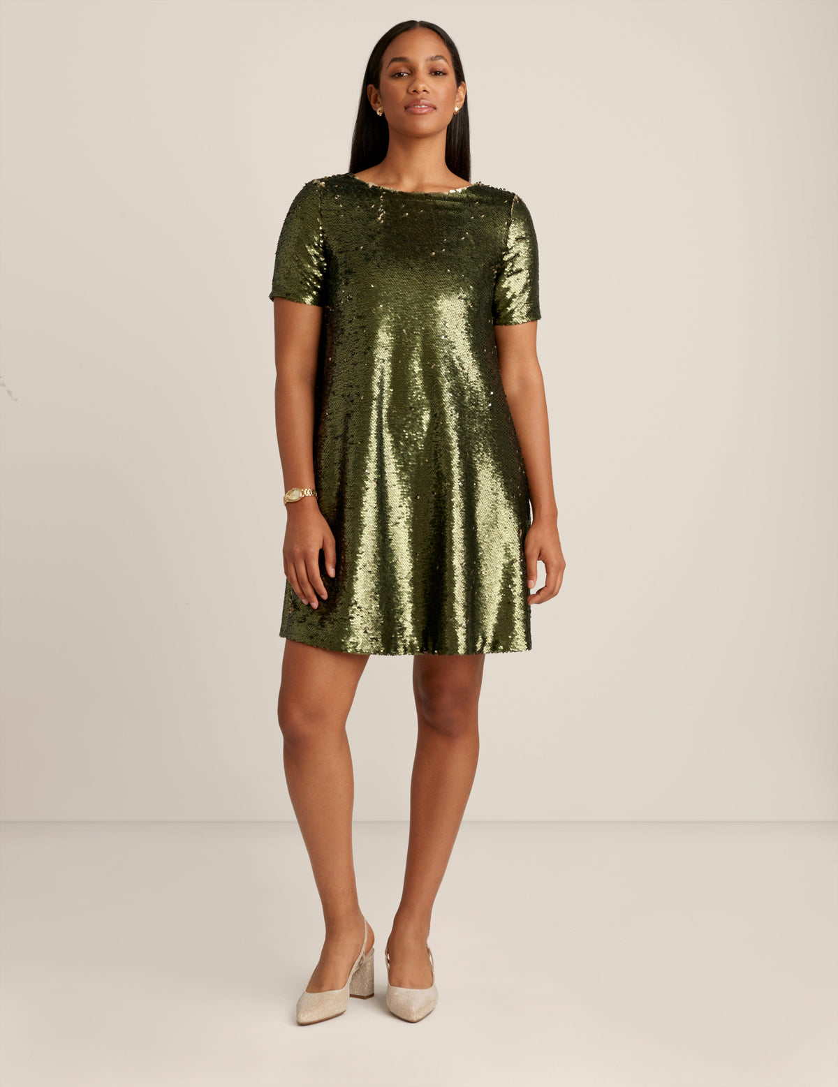 Anne Klein Olive Night Sequin T Shirt Dress - Sale