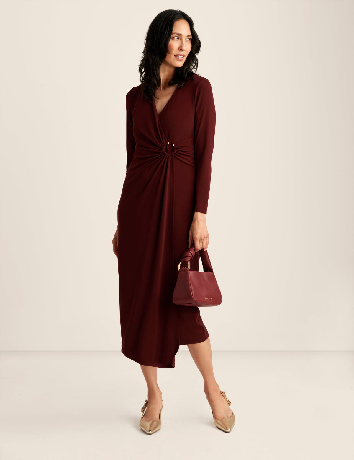 Anne Klein Syrah Red Shirred O Ring Midi Dress