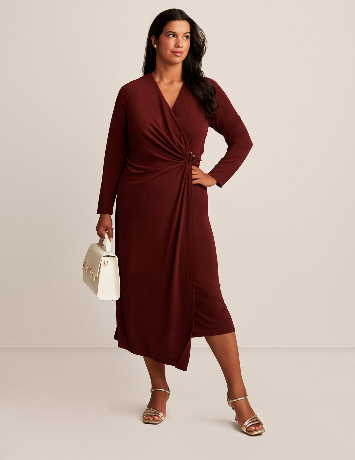 Anne Klein Syrah Red Plus Size  Shirred O Ring Midi Dress