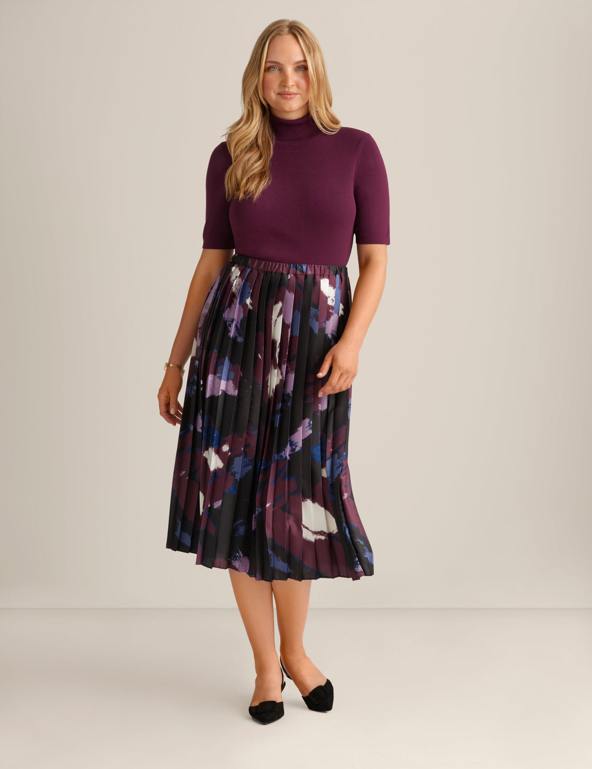 Anne Klein Deep Plum Multi Pull On Pleated Skirt