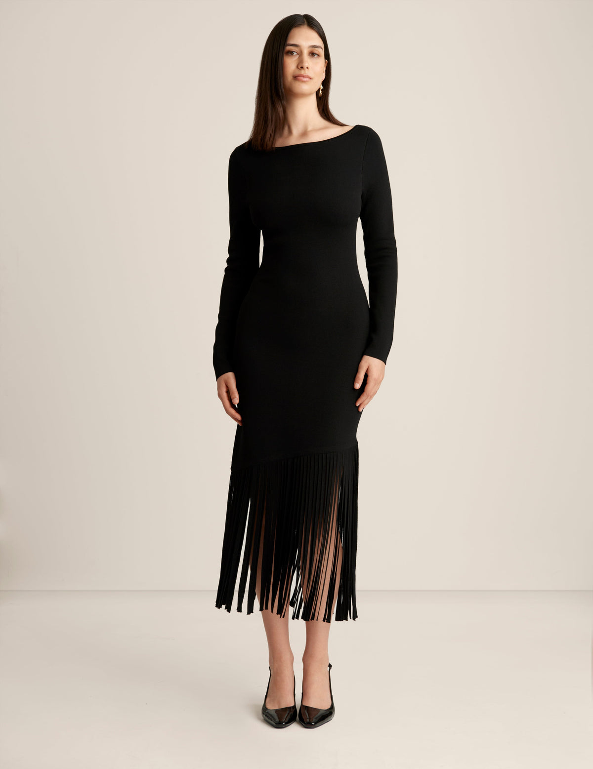 Anne Klein Anne Black Asymmetric Fringe Dress