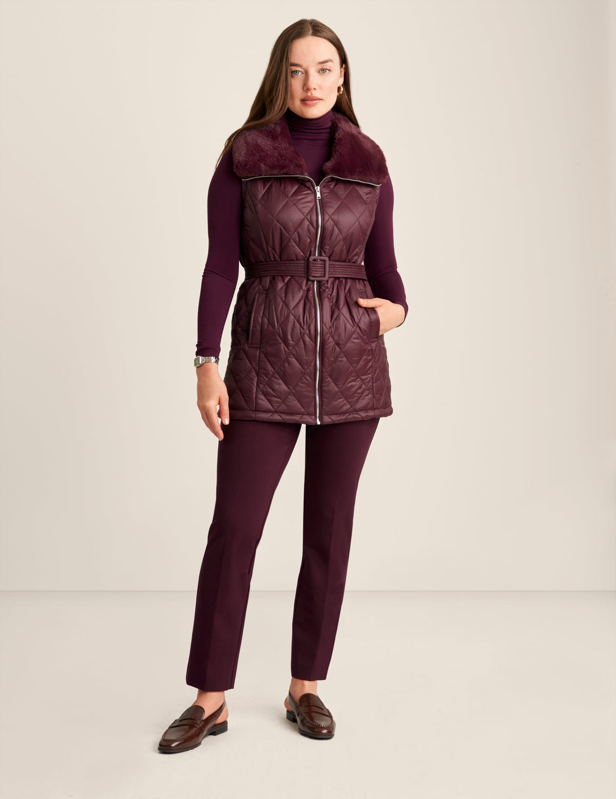 Anne Klein Deep Plum Quilted Vest &amp; Faux Fur Collar