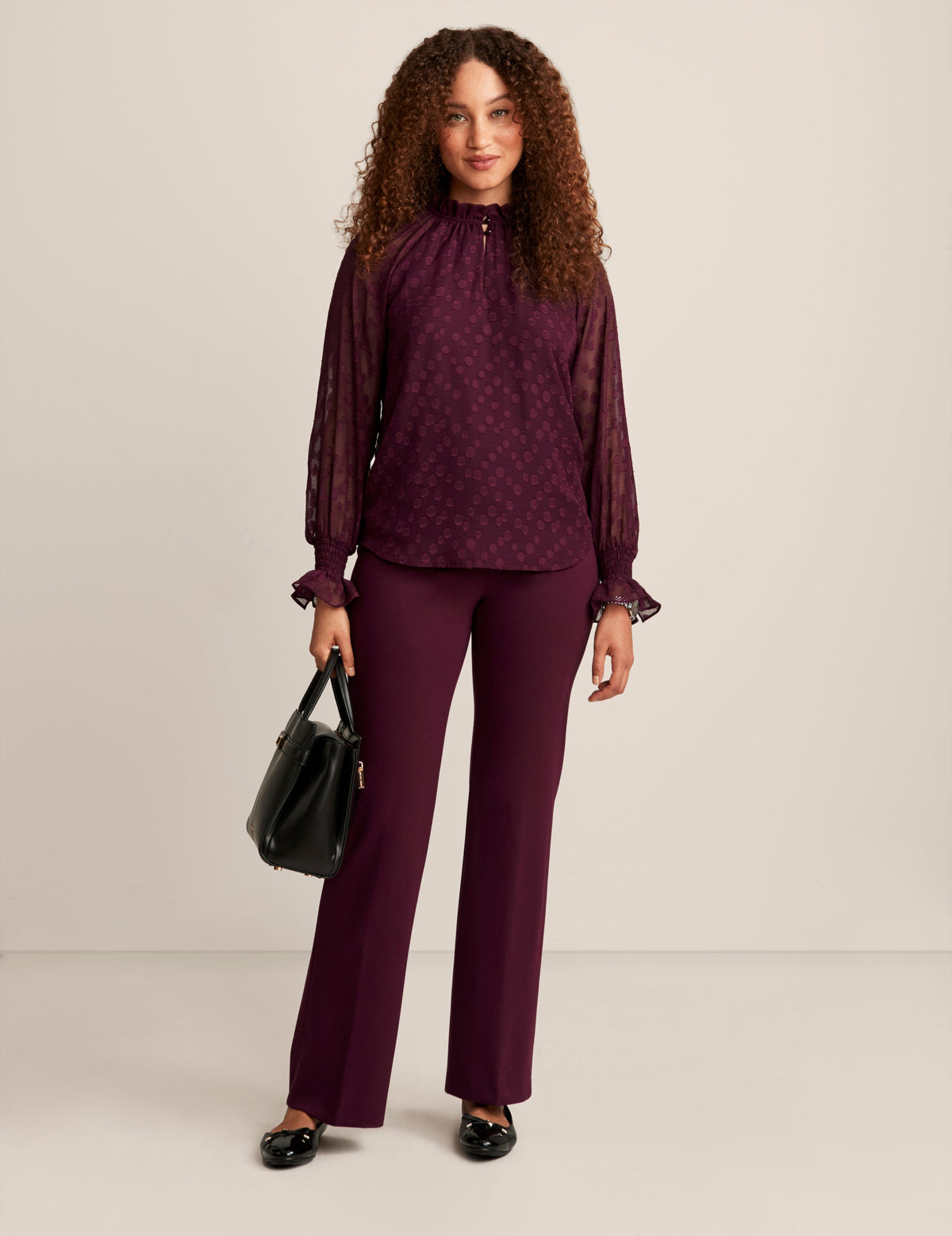 Anne Klein Deep Plum Long Sleeve Ruffle Neck Blouse