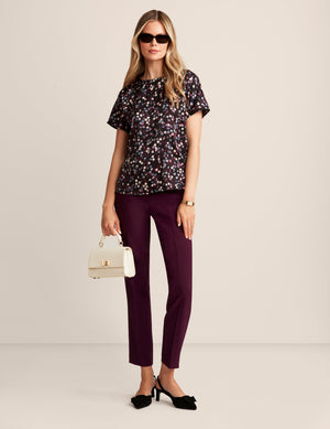 Anne Klein Anne Blk/Deep Plum Mlt Short Sleeve Blouse With Bateau Neckline - Sale