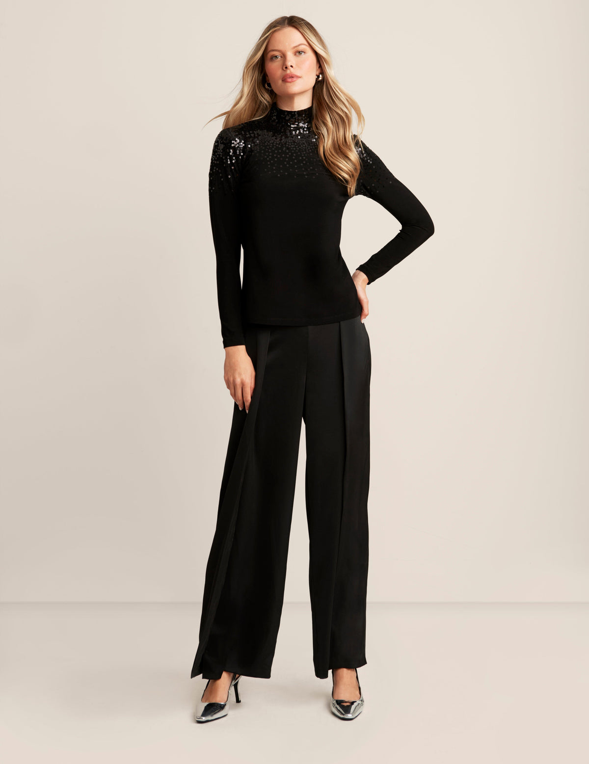 Anne Klein Anne Black Cascading Sequin Turtleneck