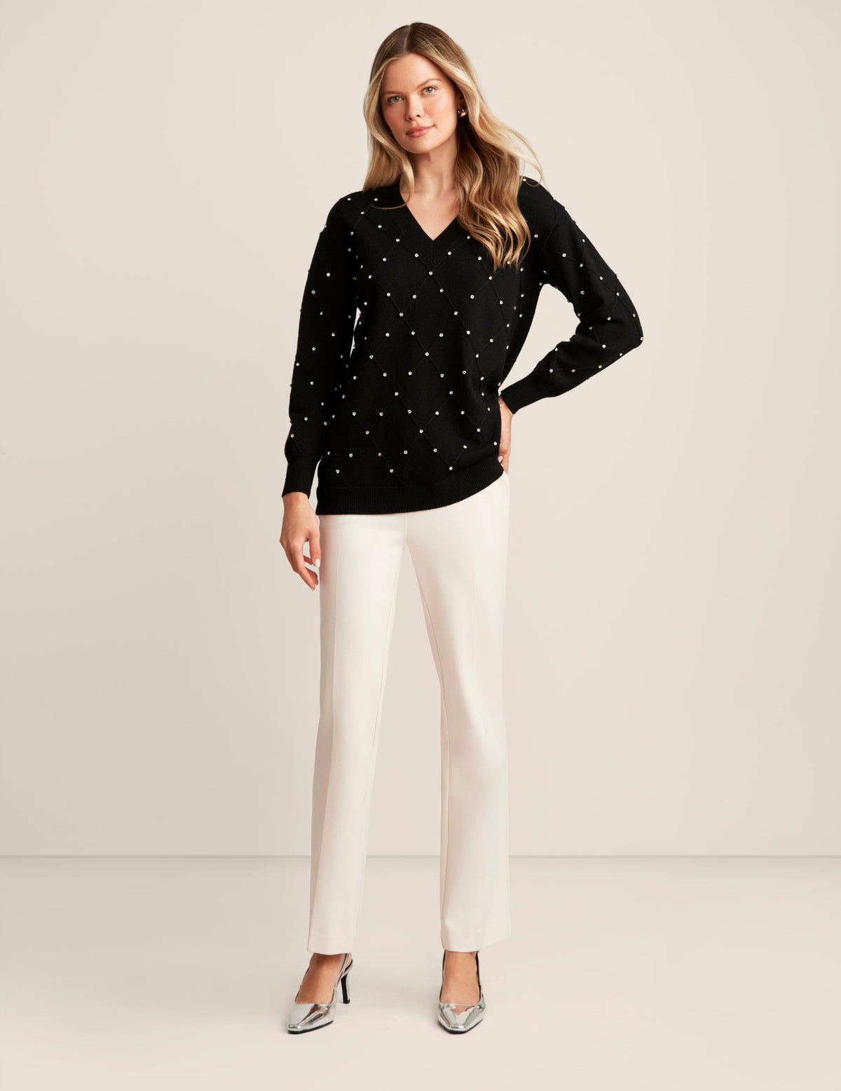 Anne Klein Anne Black Embellished V Neck Sweater