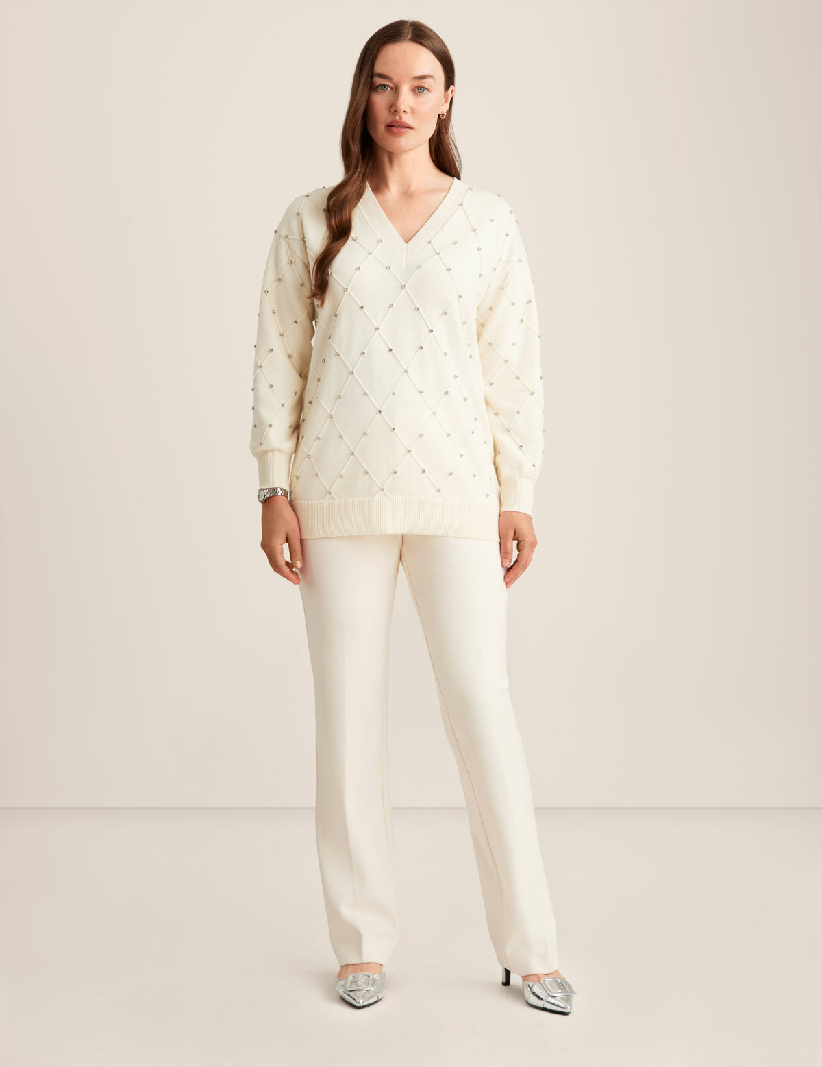 Anne Klein Anne White Embellished V Neck Sweater