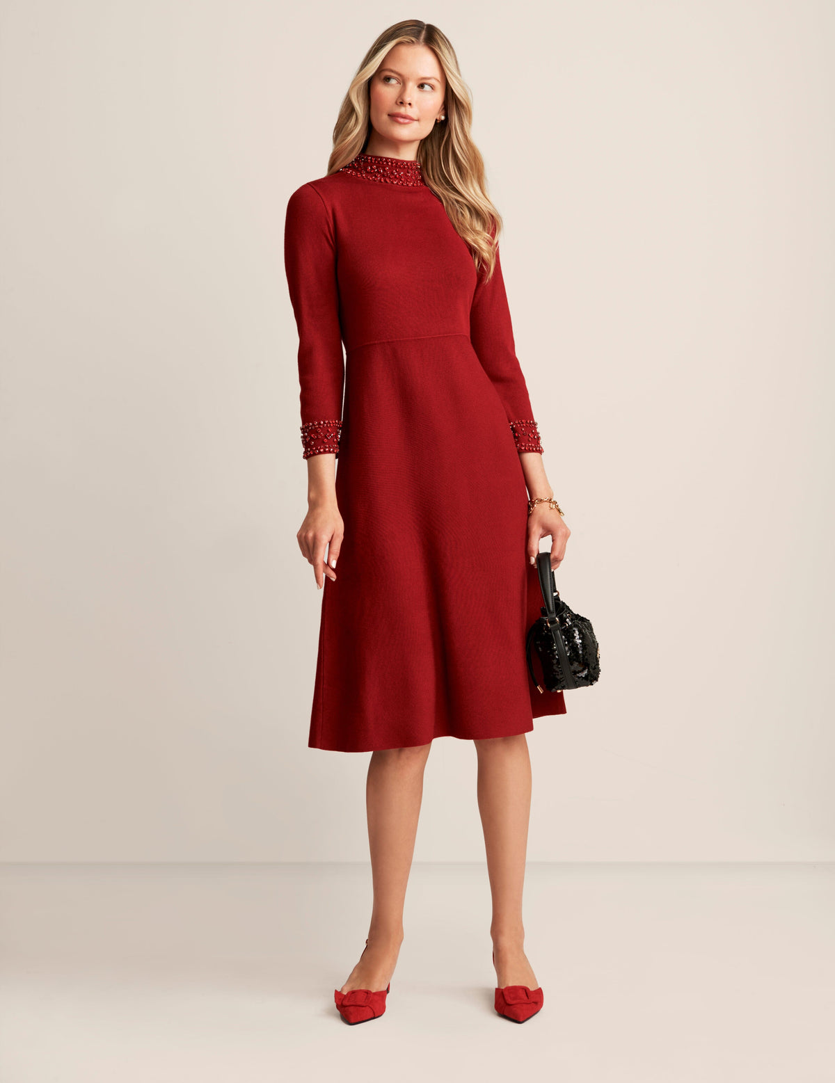 Anne Klein Titian Red Embellished Mock Neck Dress - Sale