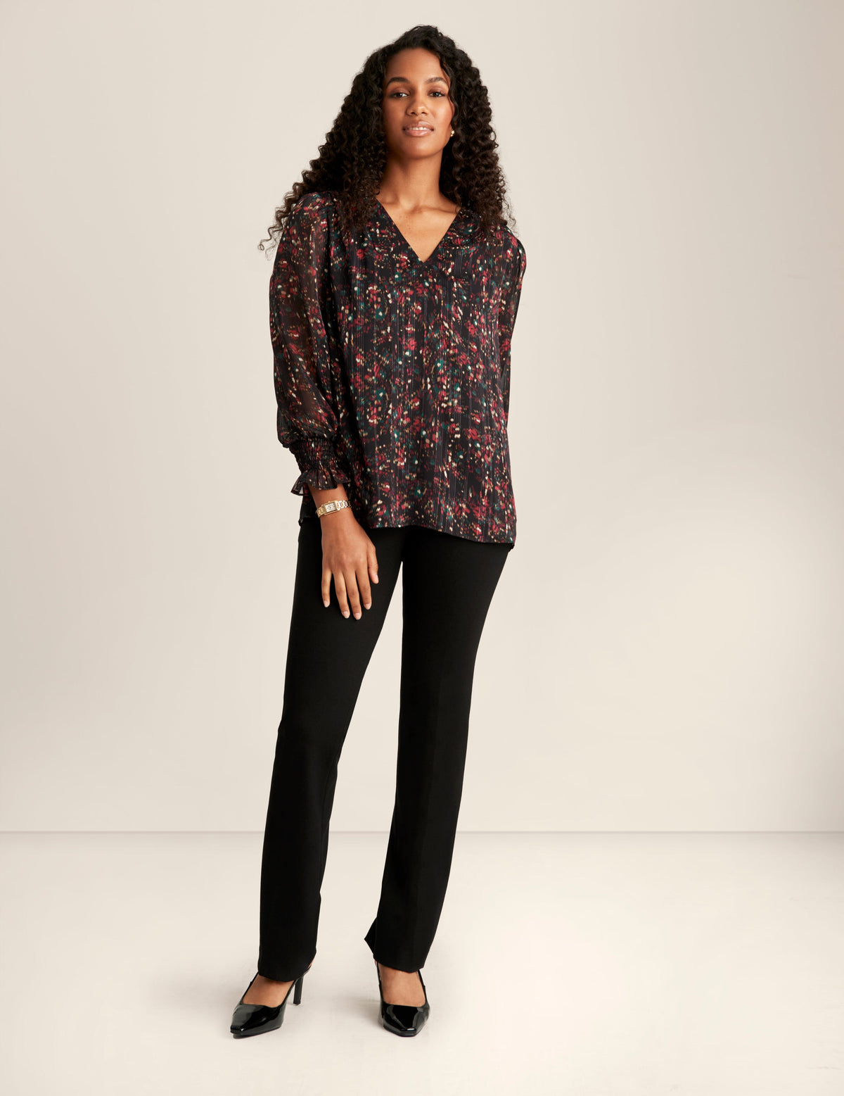 Anne Klein Anne Black Multi Long Sleeve V Neck Blouse