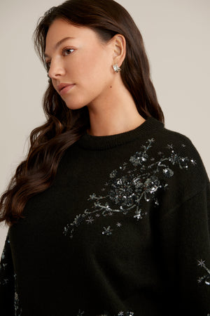 Anne Klein  Floral Sequins Crew Neck Tunic