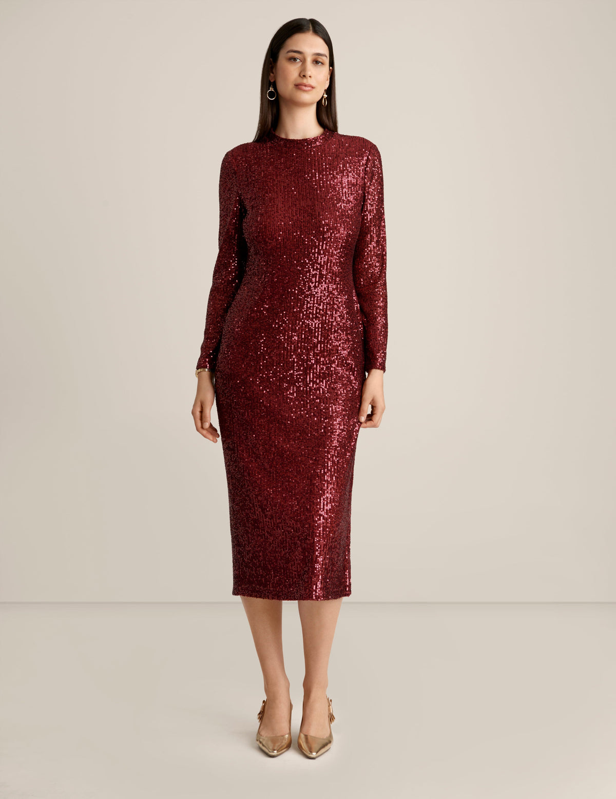 Anne Klein Red Ruby Long Sleeve Mock Neck Fitted Midi Dress