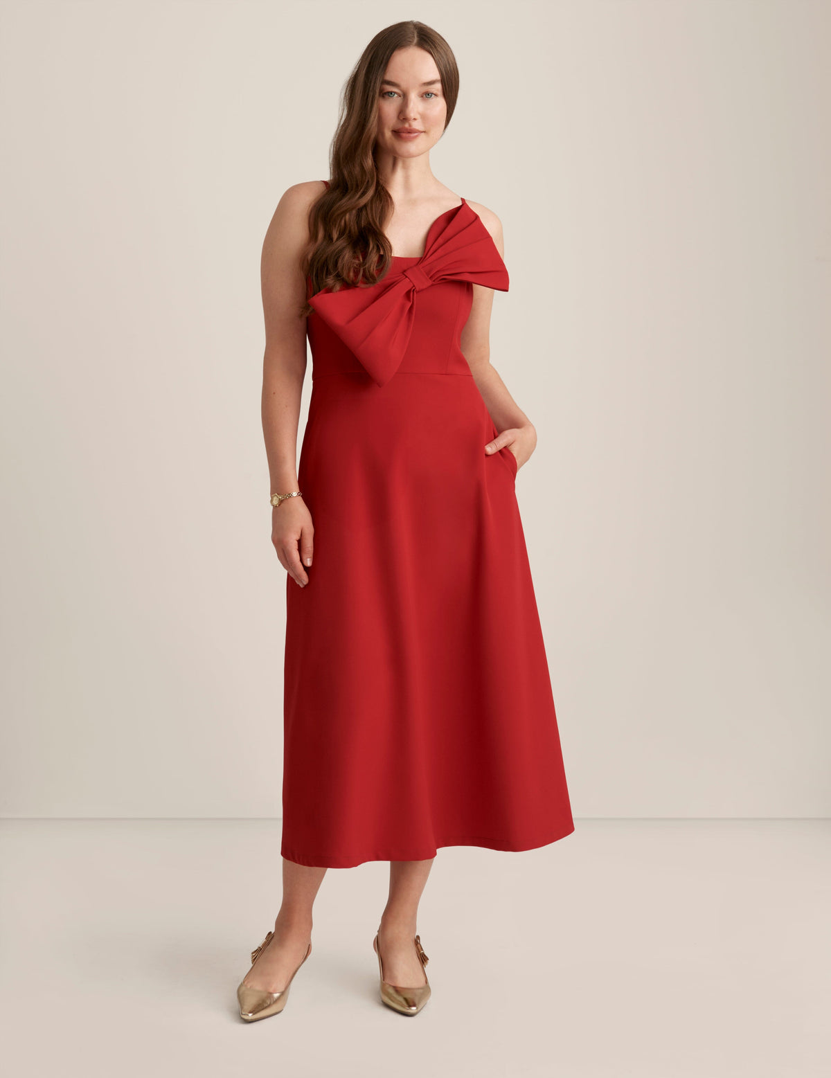 Anne Klein Titian Red A Line Midi With Bow Bodice