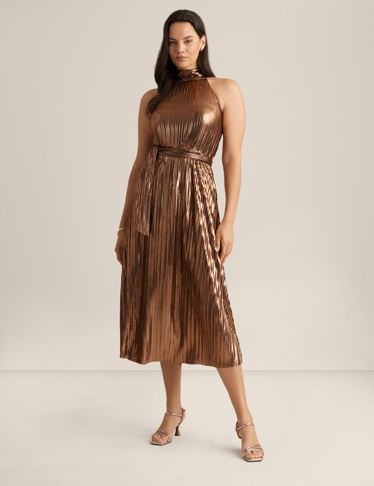 Anne Klein Bronze Mock Neck Halter Midi - Sale