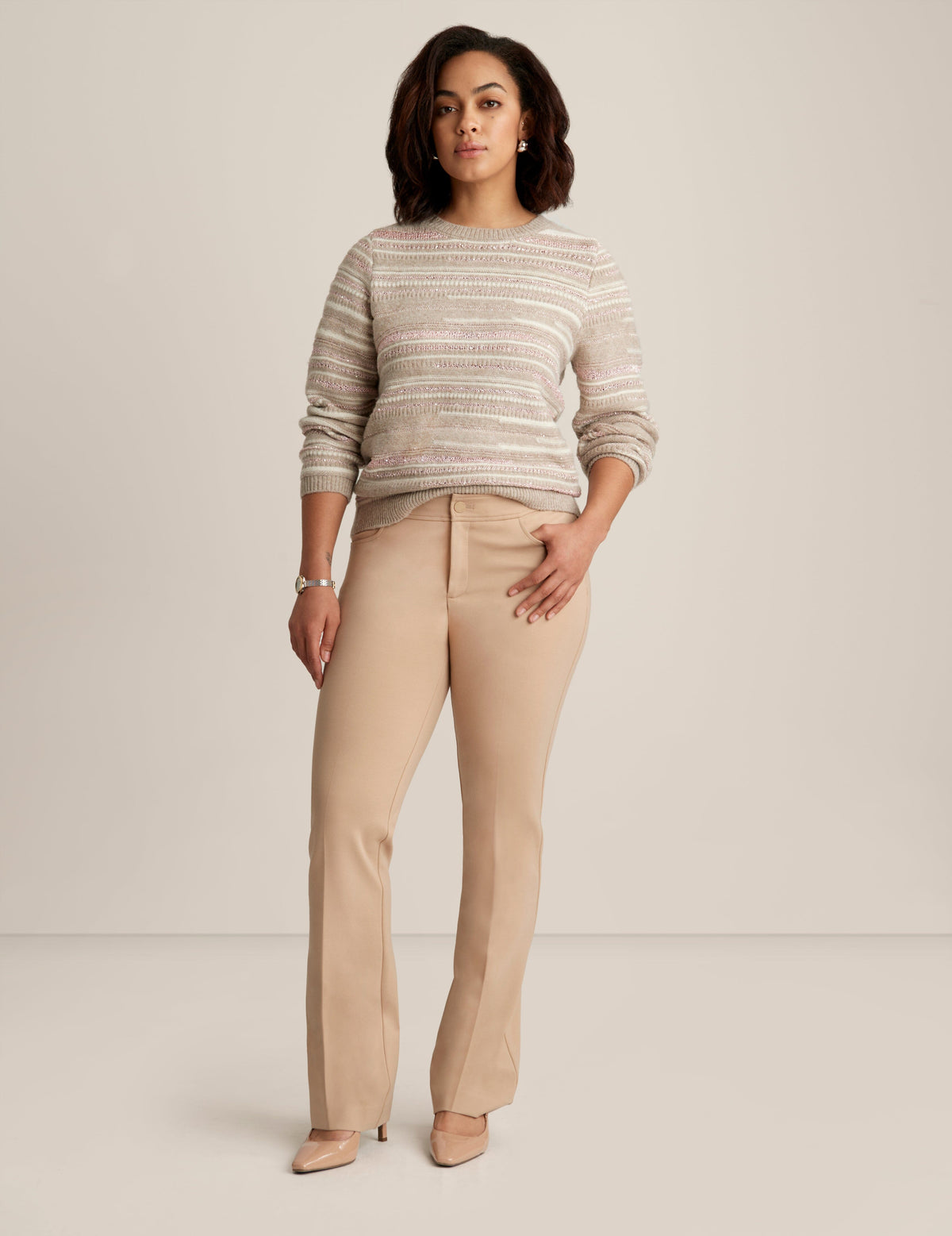 Anne Klein Latte Multi Sequin Stripe Pullover