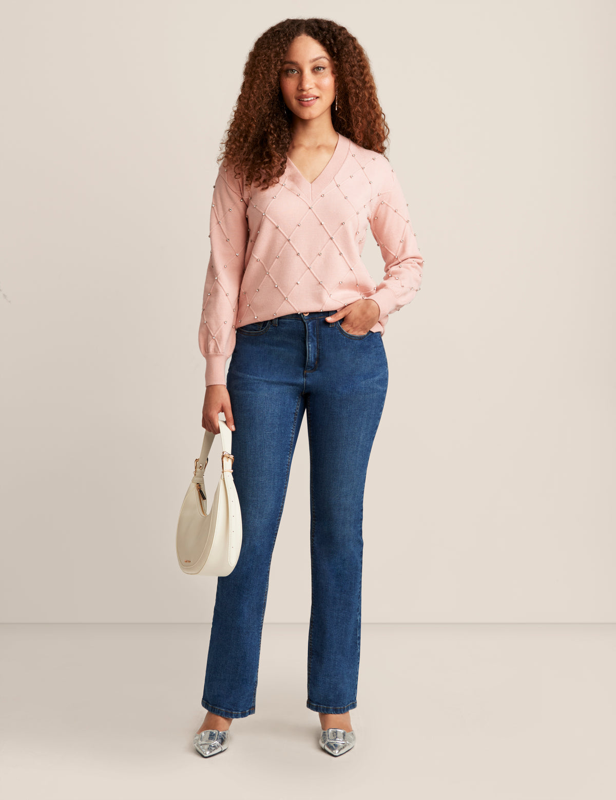 Anne Klein Pink Blush Embellished V Neck Sweater