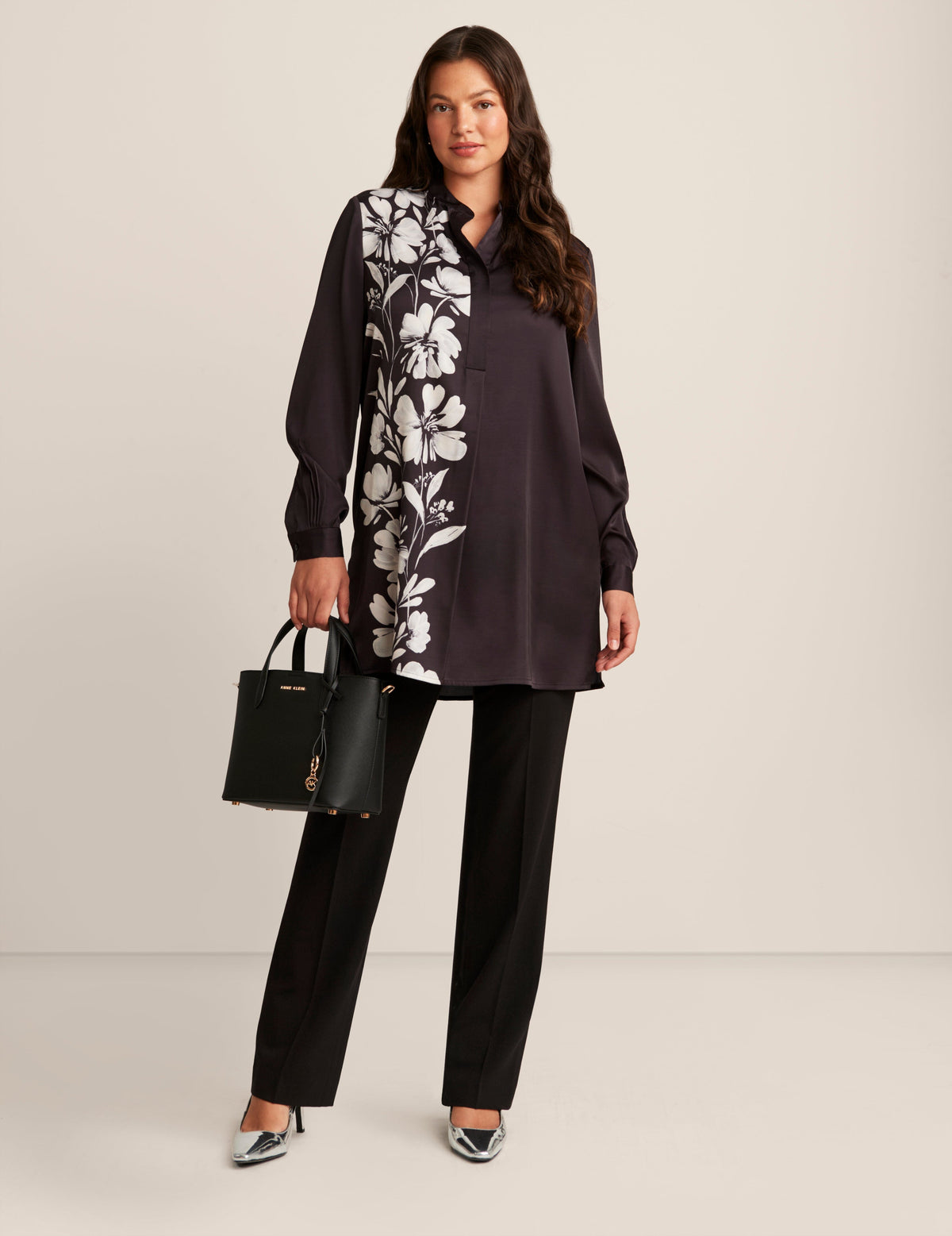 Anne Klein Anne Black Multi Long Sleeve Popover Tunic Blouse