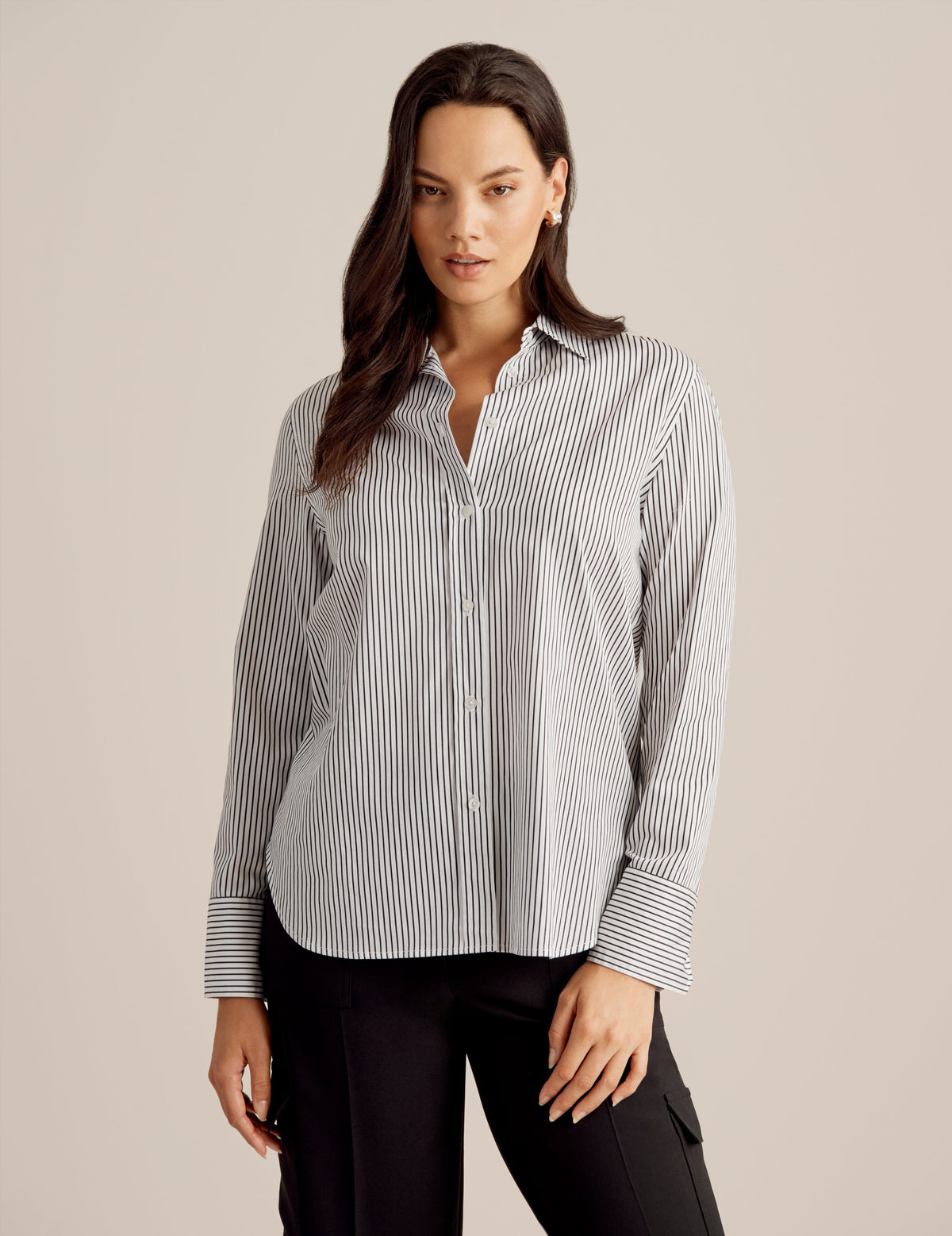 Anne Klein Anne Blk/Anne Wht Long Sleeve Collared Button Front Shirt