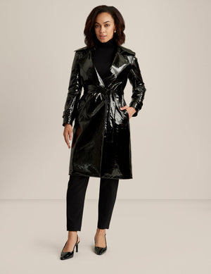 Anne Klein Anne Black Patent Vegan Leather Long Trench Jacket