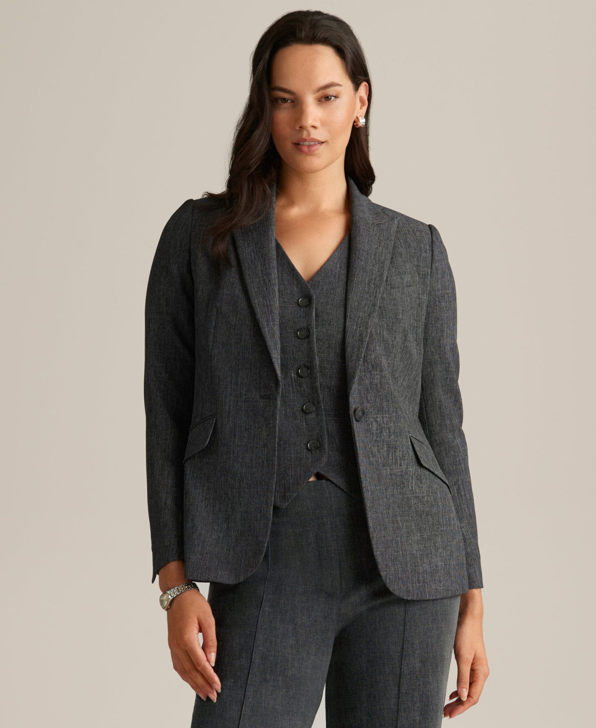 Anne Klein Anne Black Multi Crossdye Stretch One Button Jacket