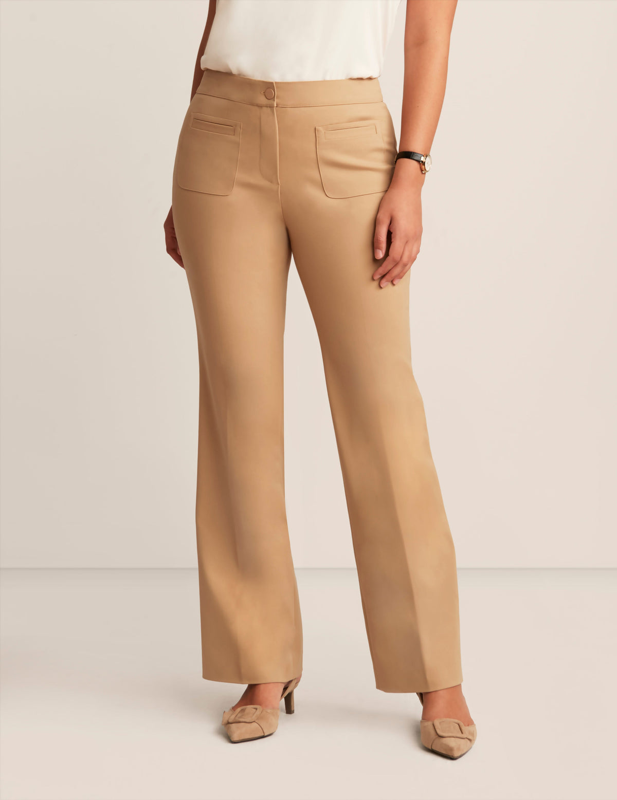 Anne Klein Coffee Cream Fly Front High Rise Wide Leg Pant