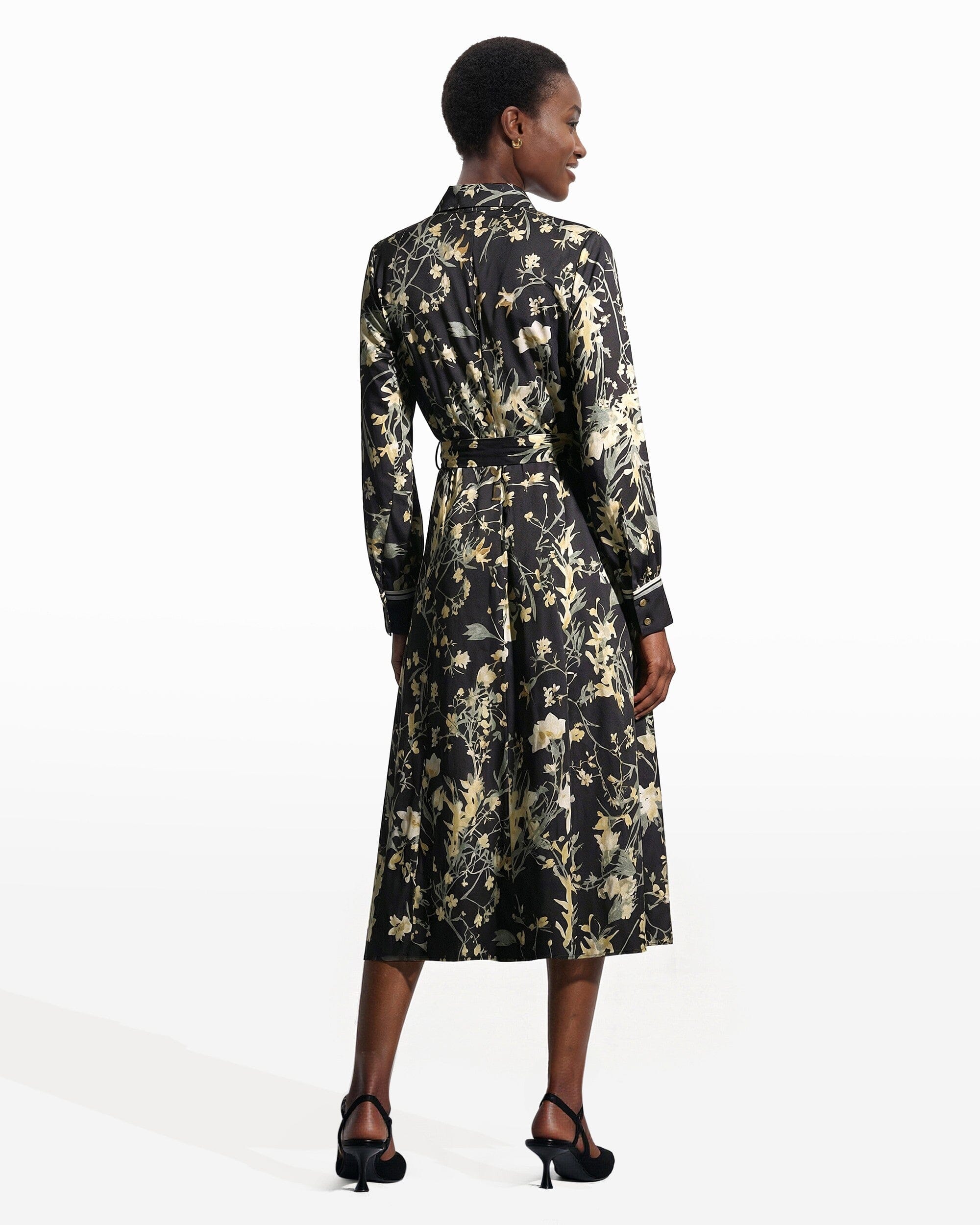 Button-Down Floral Cotton Midi Shirt Dress with Tie Belt Clothing Kasper