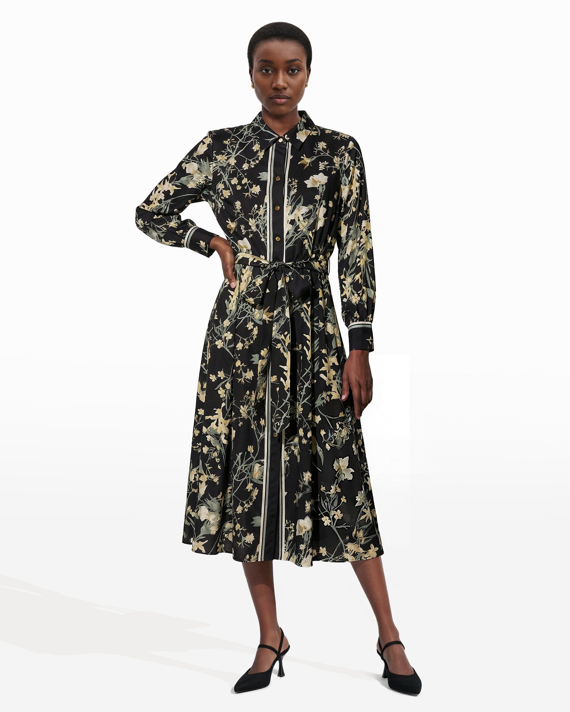 Button-Down Floral Cotton Midi Shirt Dress with Tie Belt Clothing Kasper
