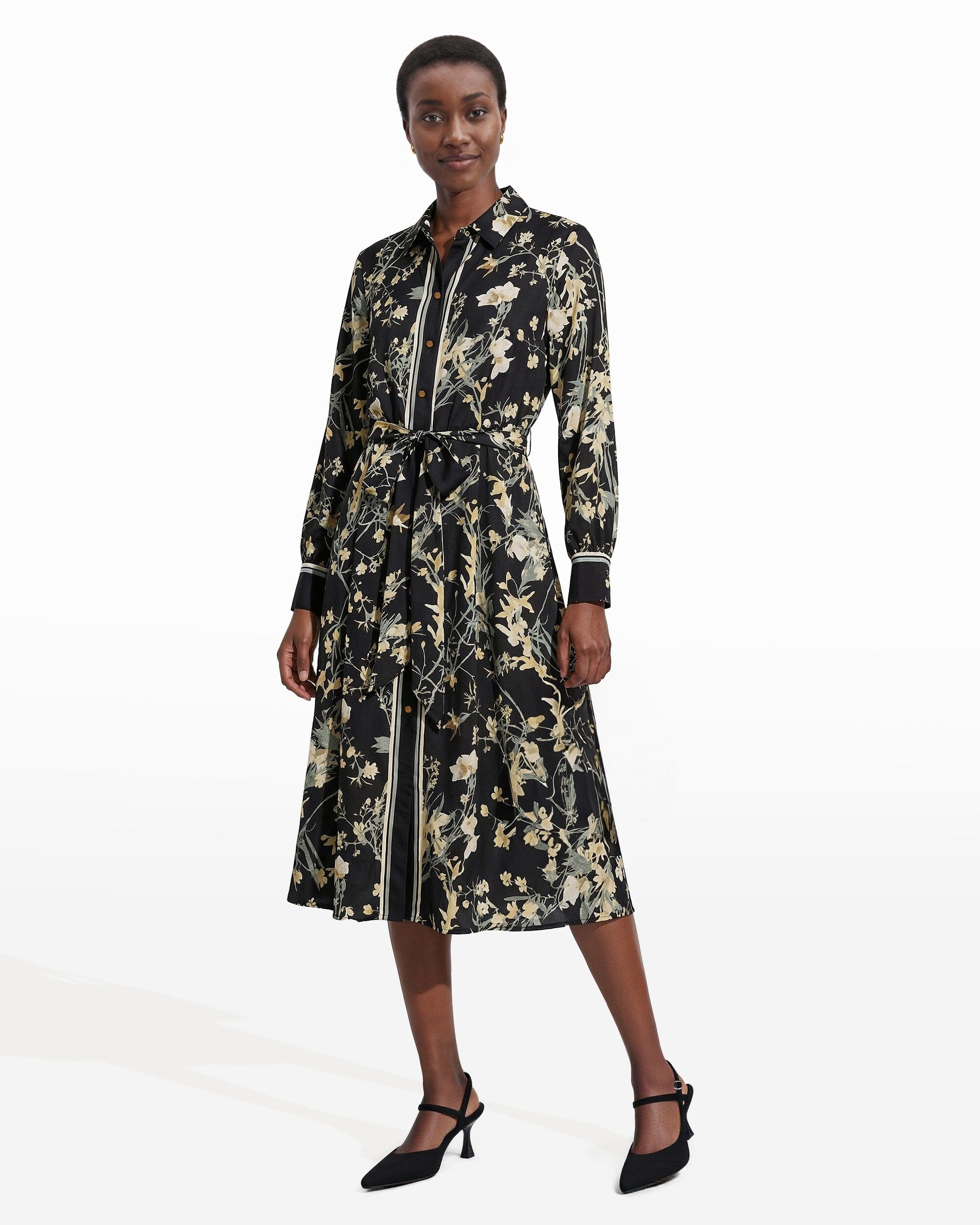 Button-Down Floral Cotton Midi Shirt Dress with Tie Belt Clothing Kasper