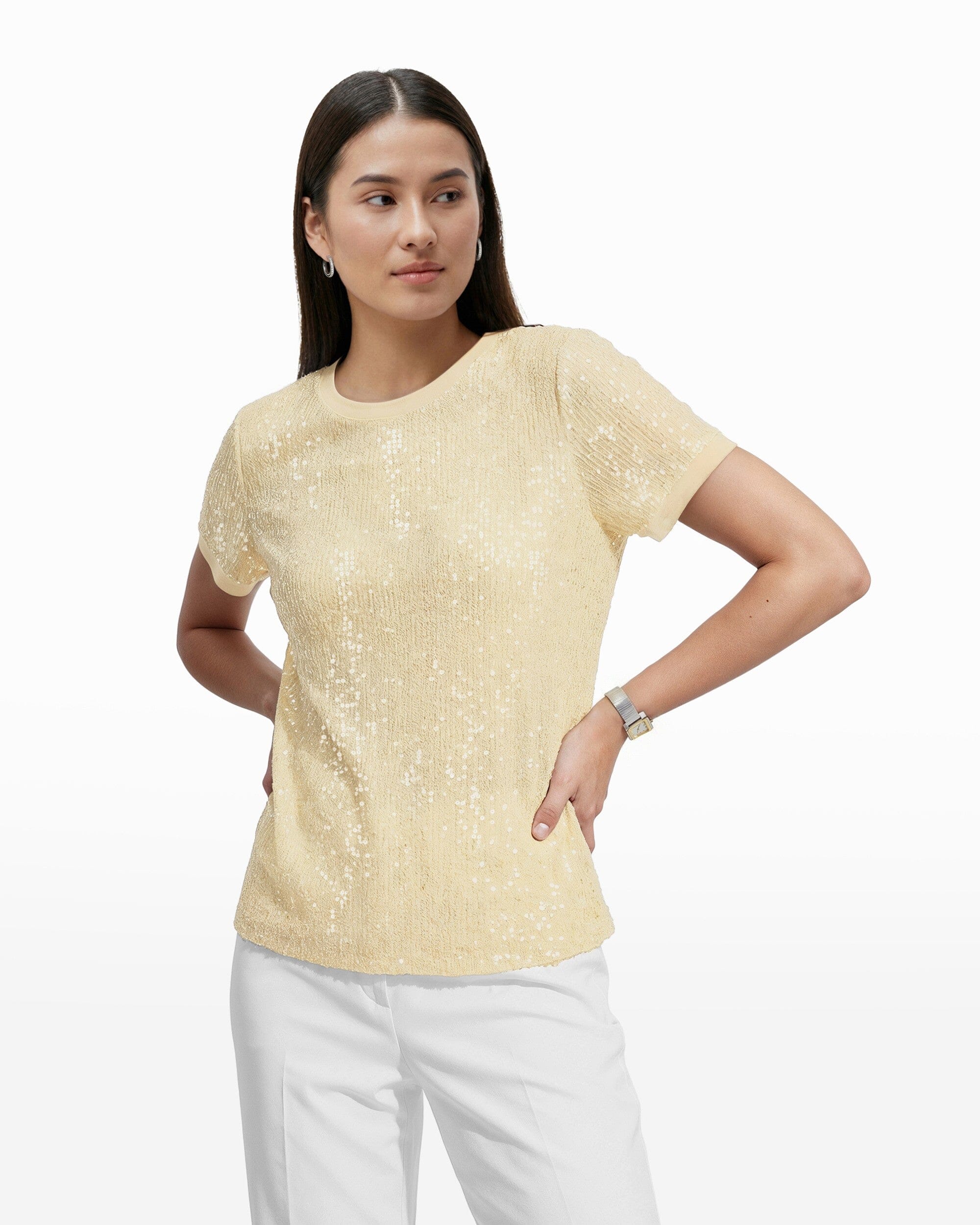 Sequin Short Sleeve Crew Neck Relaxed Fit Tee Clothing Kasper