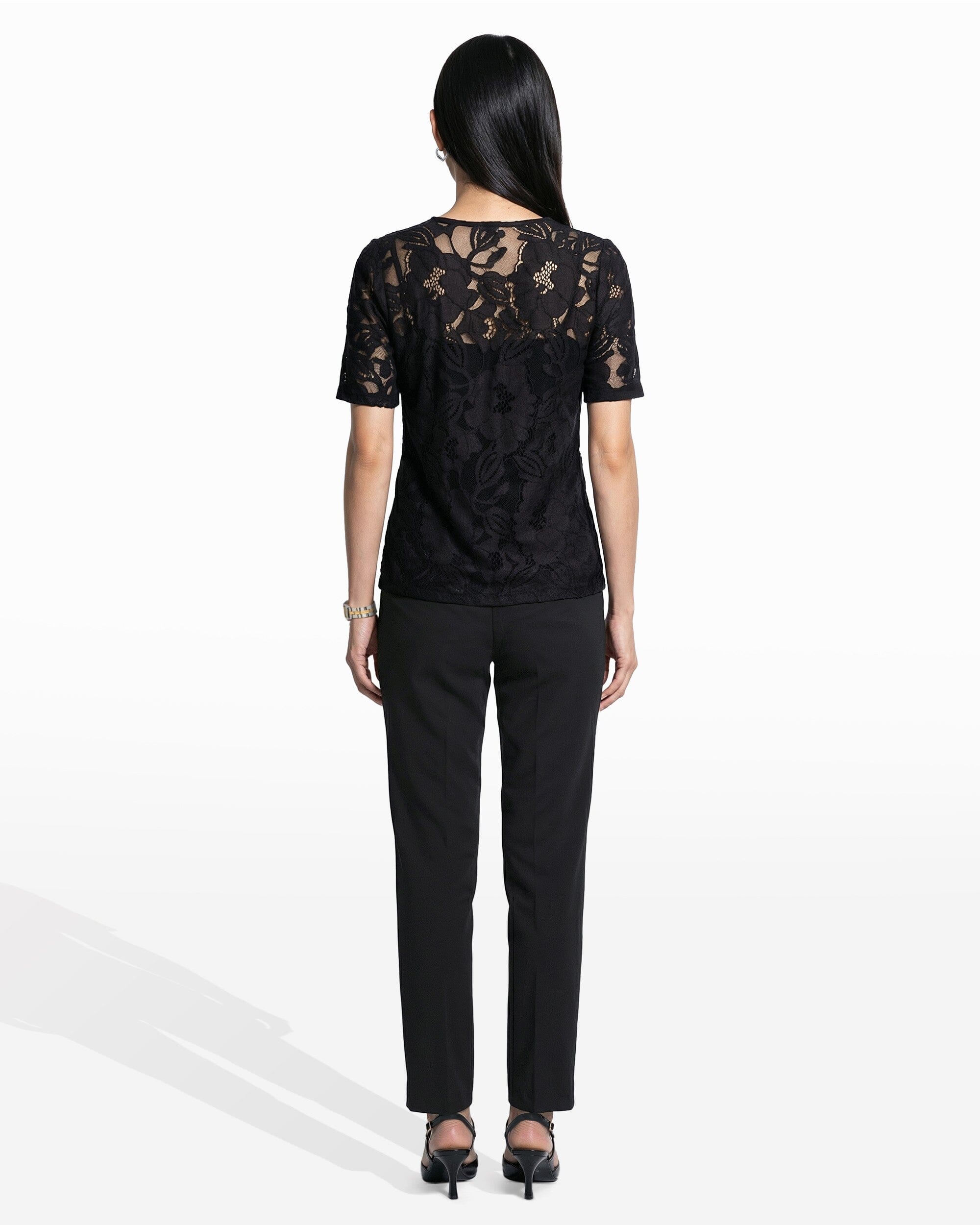 Jewel Neck Short Sleeve Floral Lace Overlay Tee Clothing Kasper