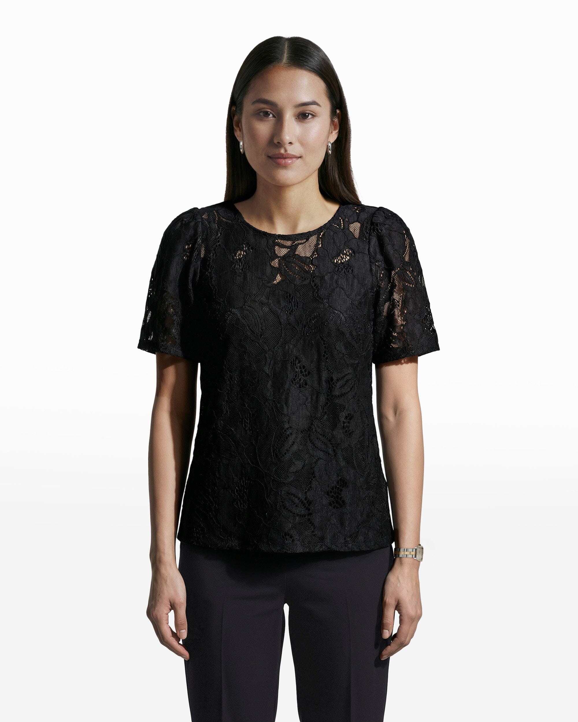 Jewel Neck Short Sleeve Floral Lace Overlay Tee Clothing Kasper