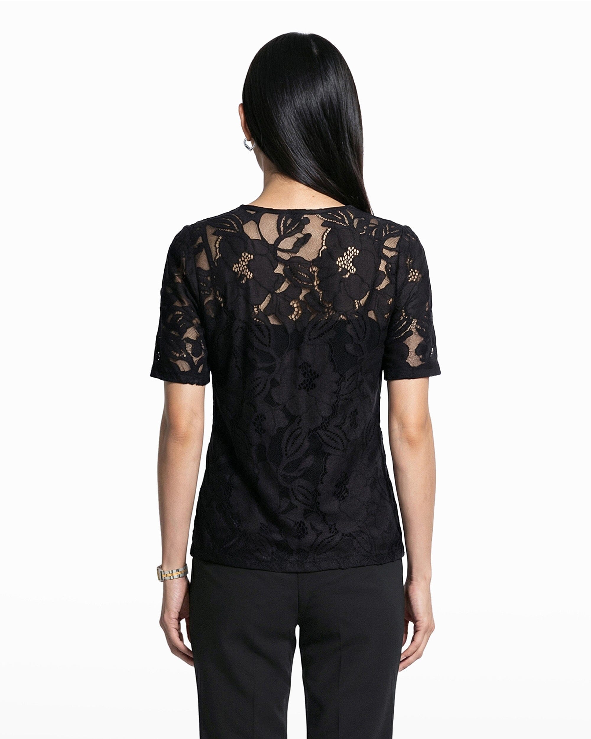 Jewel Neck Short Sleeve Floral Lace Overlay Tee Clothing Kasper