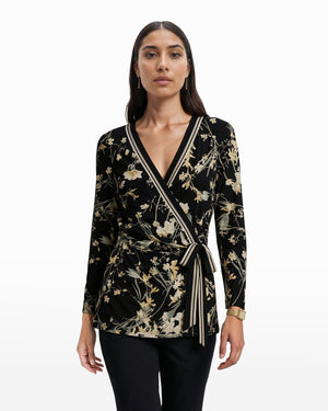 Anne Klein Anne Black Multi Floral Wrap Tie Top