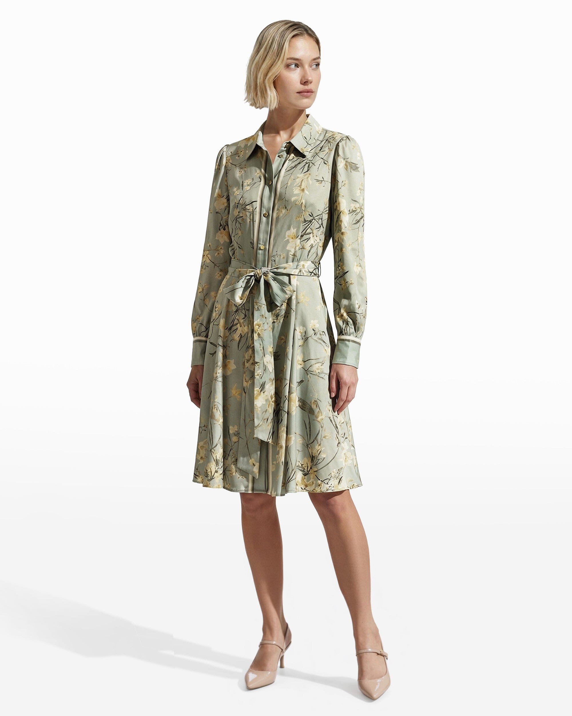Silk Floral Long Sleeve Shirt Dress With Tie Waist Clothing Kasper