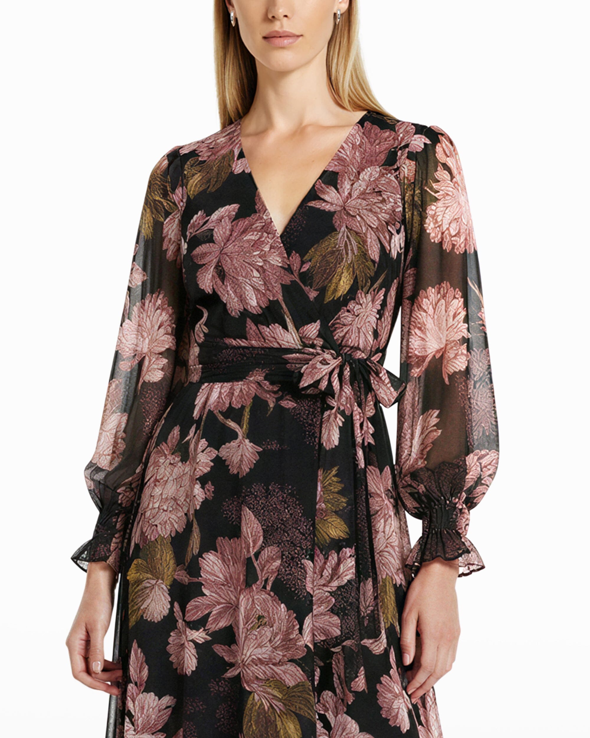 Anne Klein Women's V-Neck Belted Long-Sleeve Maxi Dress - Anne Black Multi (9XO) Anne Klein Women's V-Neck Belted Long-Sleeve Maxi Dress - Anne Black Multi (9XO)