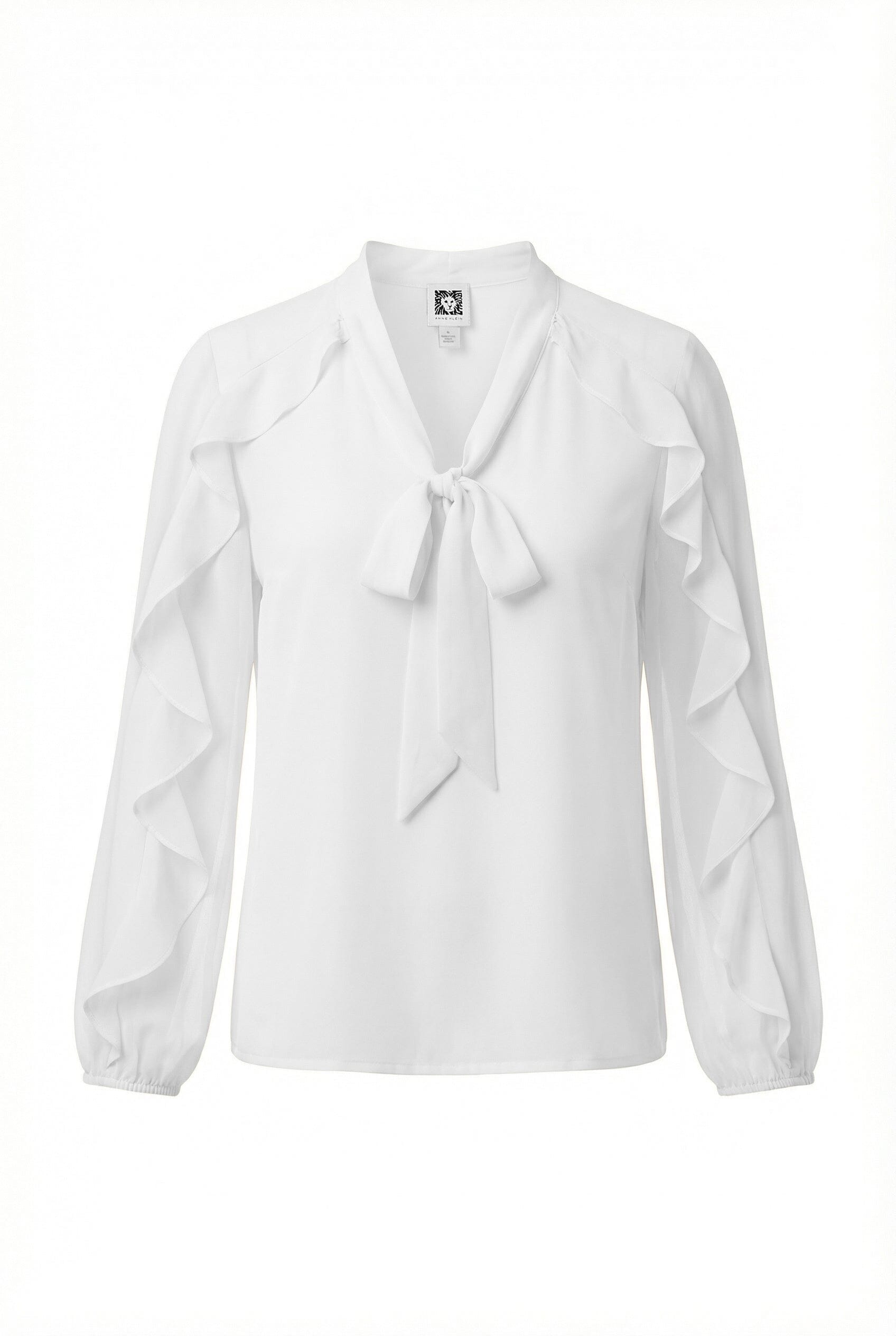 Anne Klein WHITE DOVE Long Sleeve Ruffle detail Detail Tie Neck Top