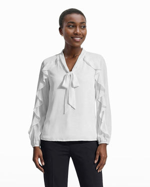 Anne Klein WHITE DOVE Long Sleeve Ruffle detail Detail Tie Neck Top