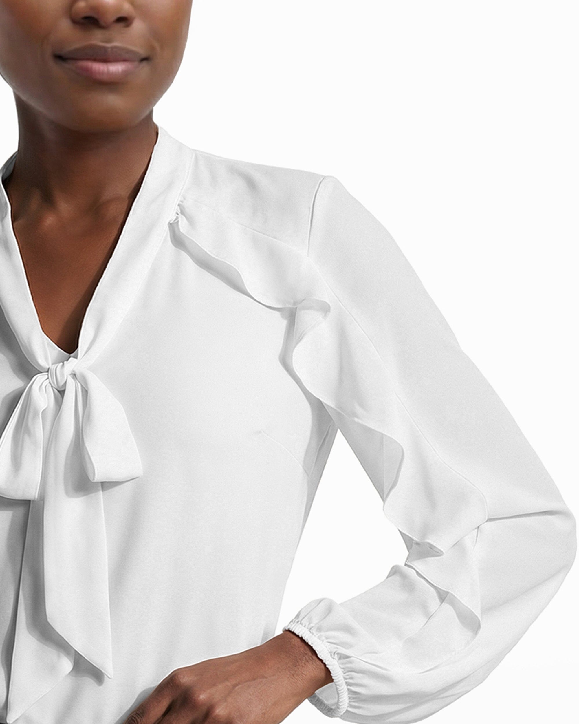 Anne Klein Long Sleeve Ruffle detail Detail Tie Neck Top