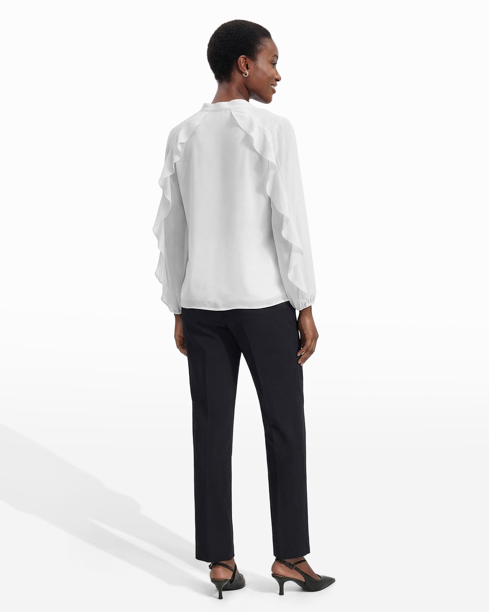 Anne Klein Long Sleeve Ruffle detail Detail Tie Neck Top