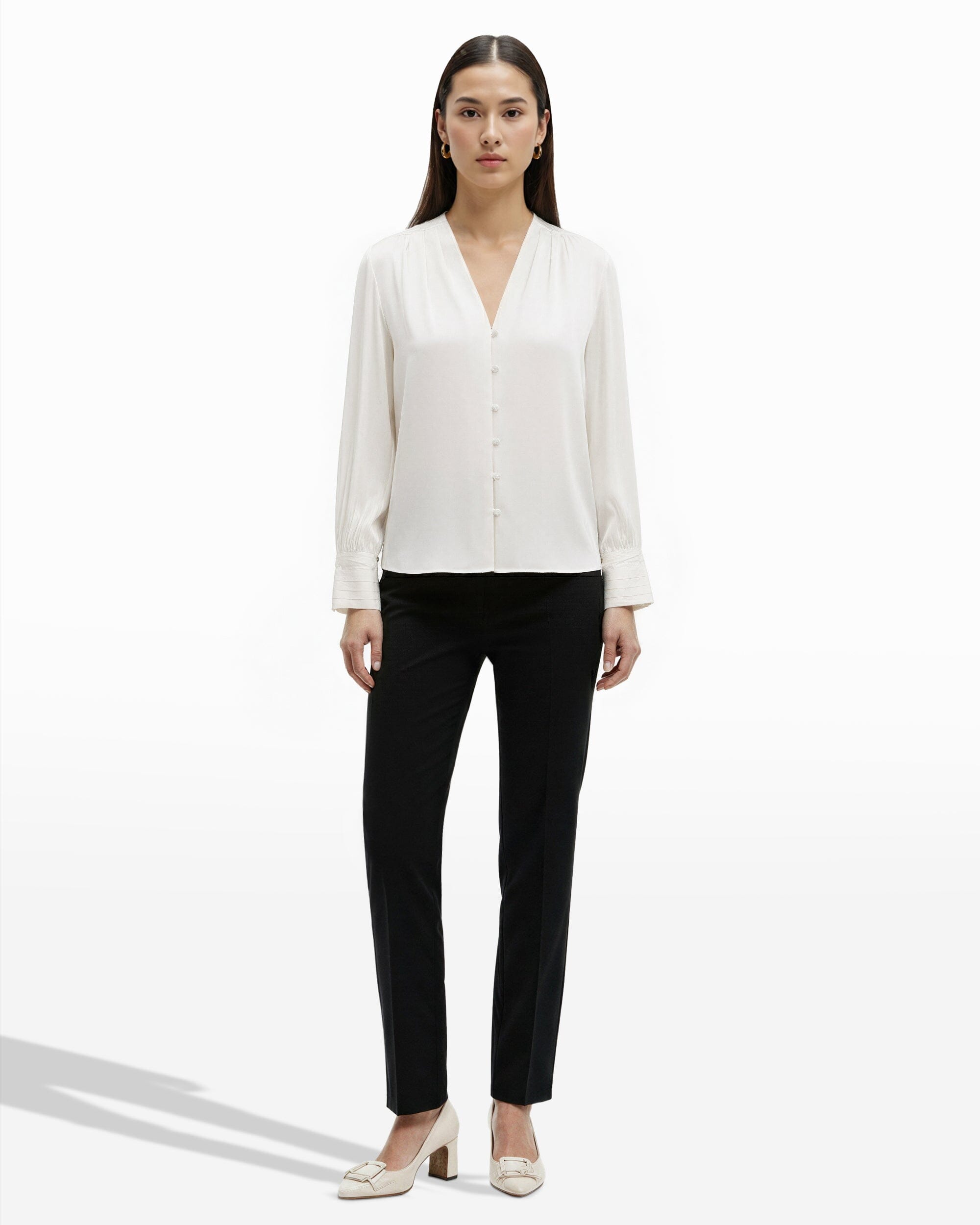 Anne Klein Pleated Cuff V Neck Top