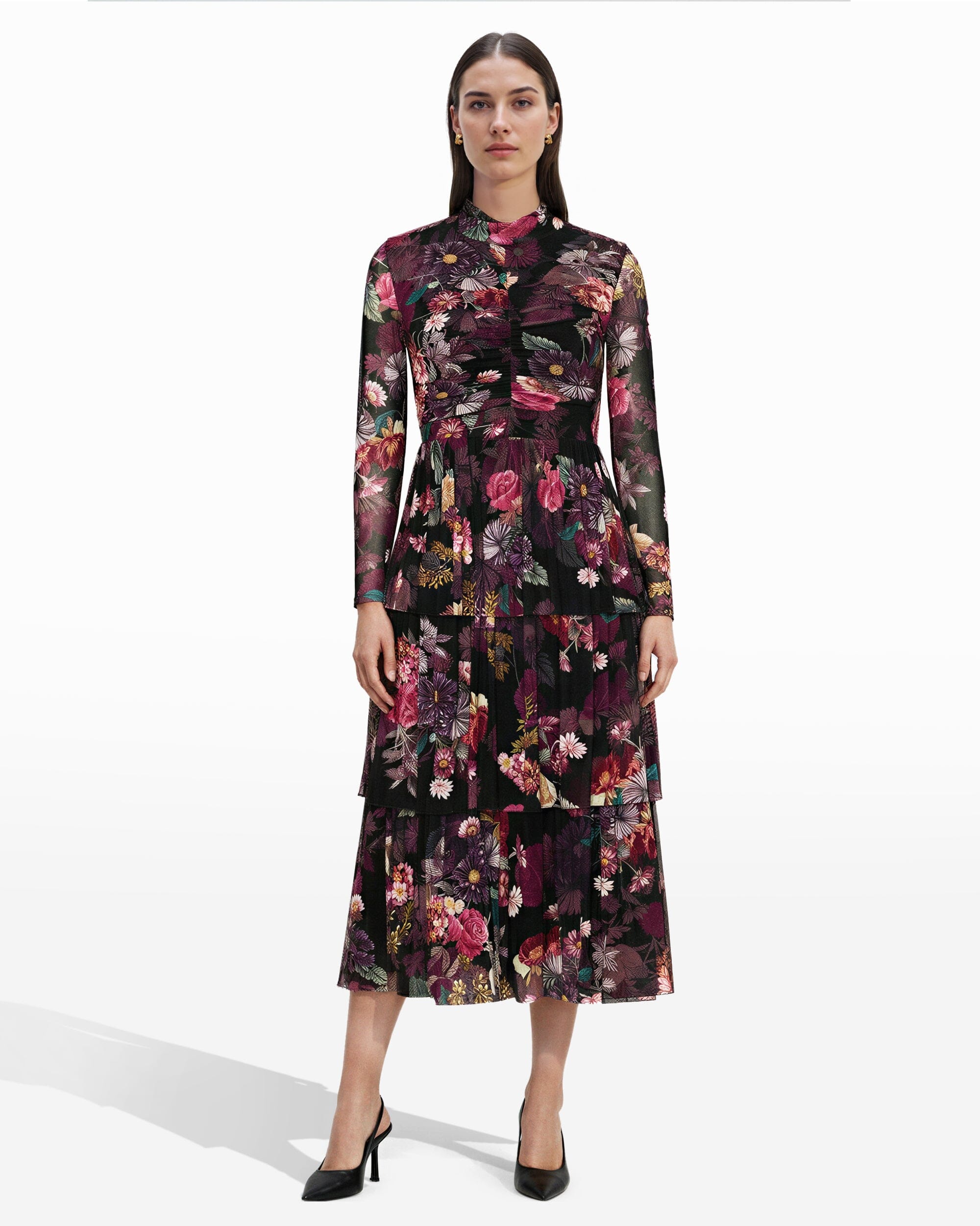 Anne Klein Anne Black Multi Mock Neck Tiered Dress