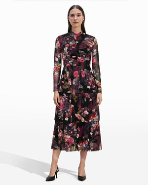 Anne Klein Anne Black Multi Mock Neck Tiered Dress