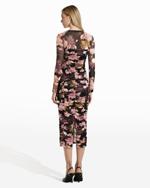 Anne Klein Ruched Floral Long Sleeve Midi Dress
