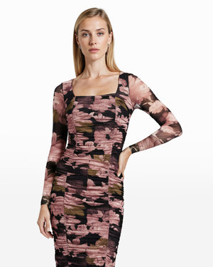 Anne Klein Ruched Floral Long Sleeve Midi Dress