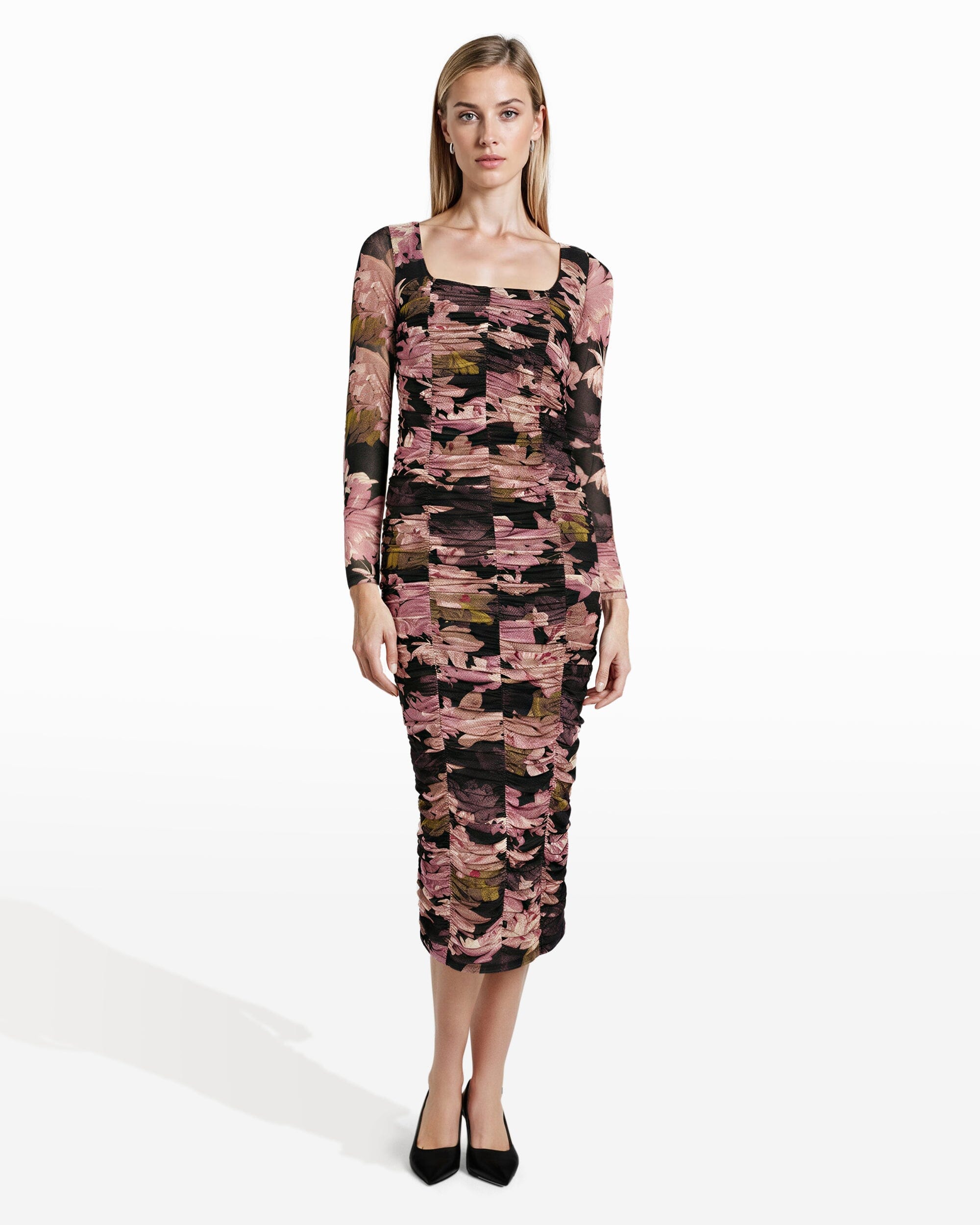 Anne Klein Ruched Floral Long Sleeve Midi Dress