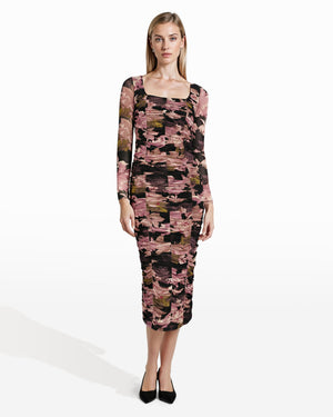 Anne Klein Ruched Floral Long Sleeve Midi Dress