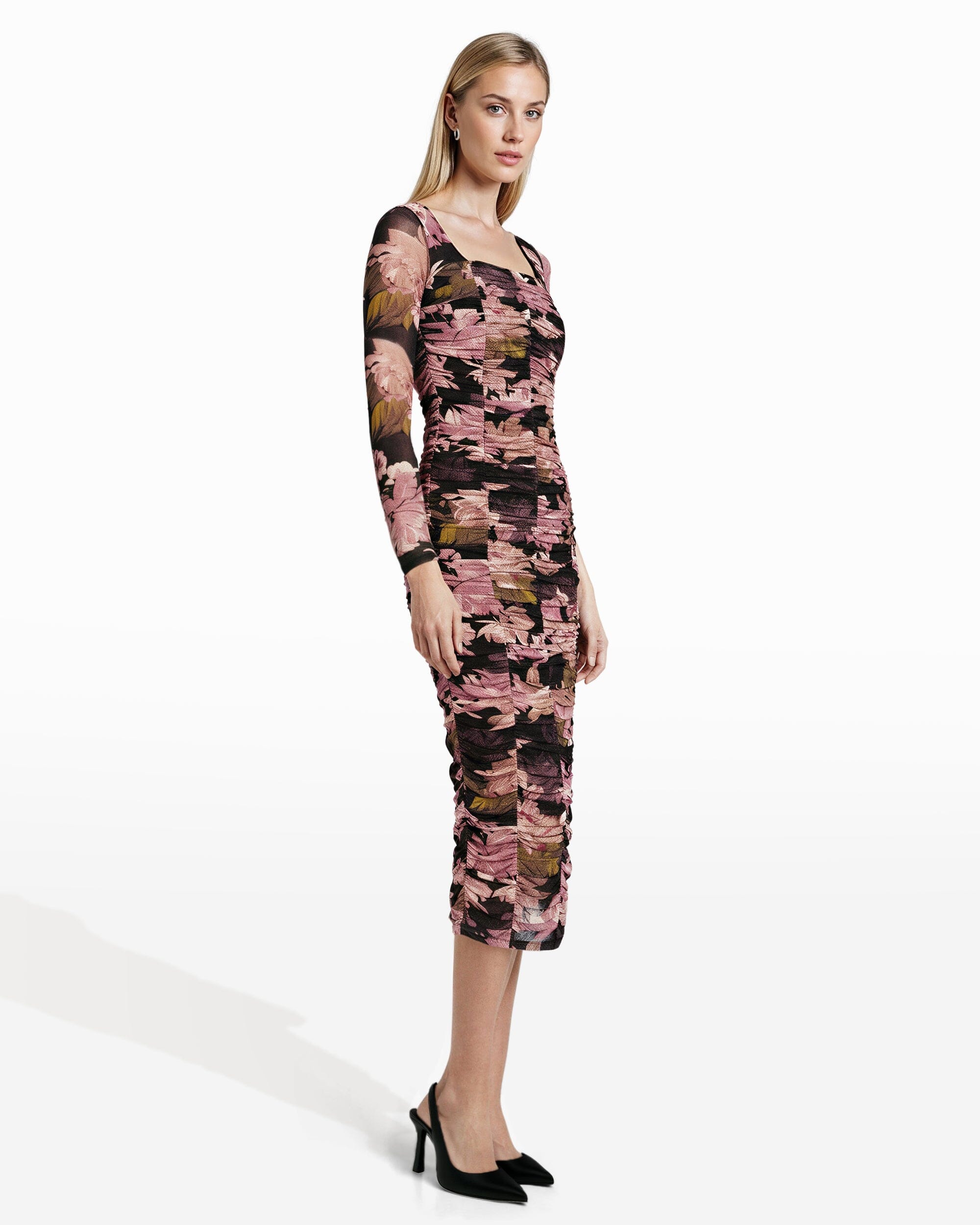 Anne Klein Ruched Floral Long Sleeve Midi Dress