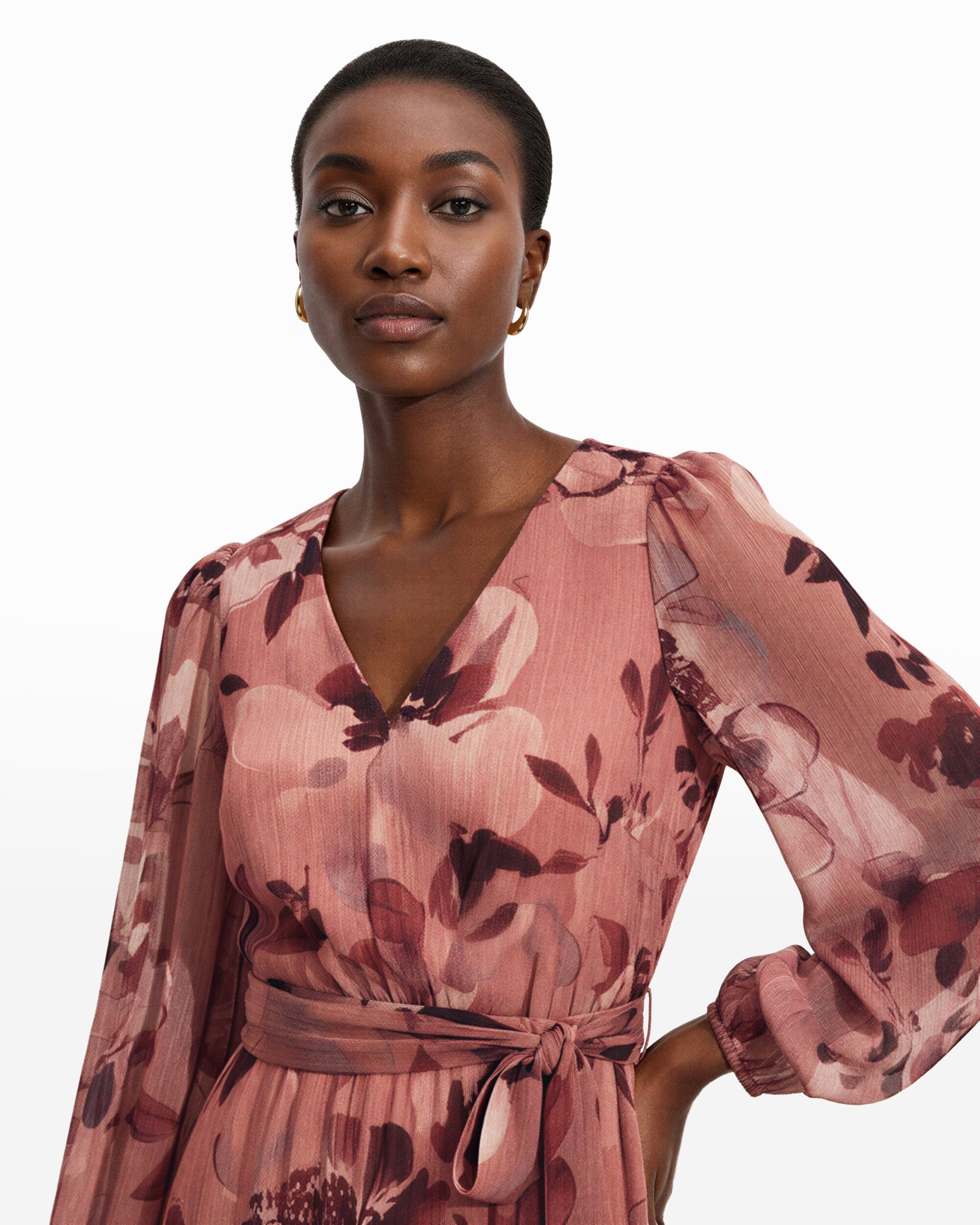 Anne Klein Three Quarter Sleeve Floral Chiffon Midi Dress